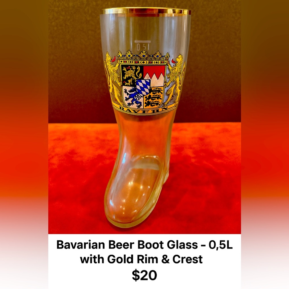 Bavarian Beer Boot Glass with Gold Rim and Crest